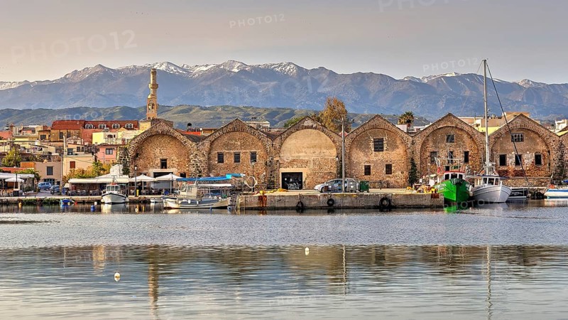 Lefka Ori, White Mountains, Snowy Mountains, Venetian Old Town, Venetian Port, Venetian Shipyards, Minaret, Calm Sea, Blue Sea, Grey Blue Sea, Blue Cloudless Sky, Chania, West Crete, Island of Crete, Greece, Europe