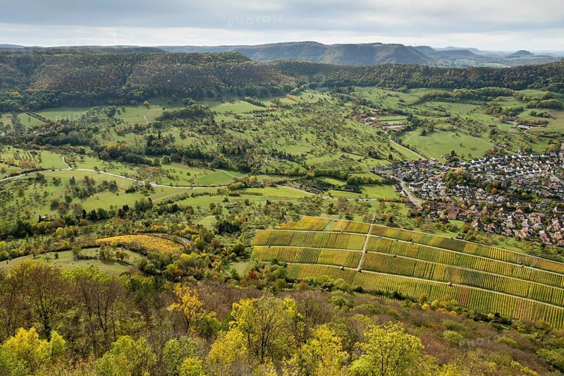 View from Hohenneuffen Castle, autumnal vineyards, Beuren, Albtrauf, Swabian Alb, Baden-Württemberg, Germany, Europe
