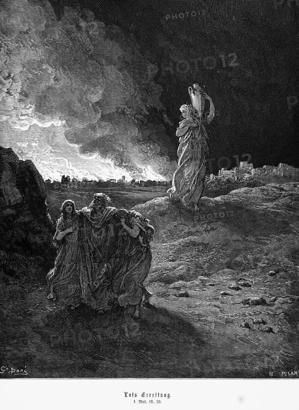 Bible, Lot's salvation, Genesis 19, 23, fire, city of Sodom, daughters, landscape, water jug, Lot, Moses, salvation, danger, mountain, Old Testament, historical illustration 1885