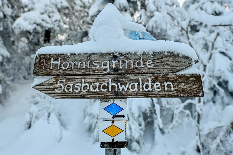 Snowy signpost near the Hornisgrinde, near Sasbach, Ortenaukreis, Black Forest, Baden-Württemberg, Germany, Europe