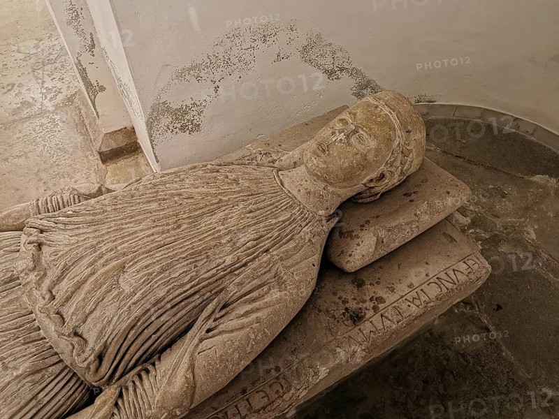 Grave of Geva, woman of the founder of the monastery, grave slab from the year 1200, St. Bonifatius, a former free-world ladies' monastery with a collegiate church in Freckenhorst, Warendorf district, North Rhine-Westphalia, Germany, Europe