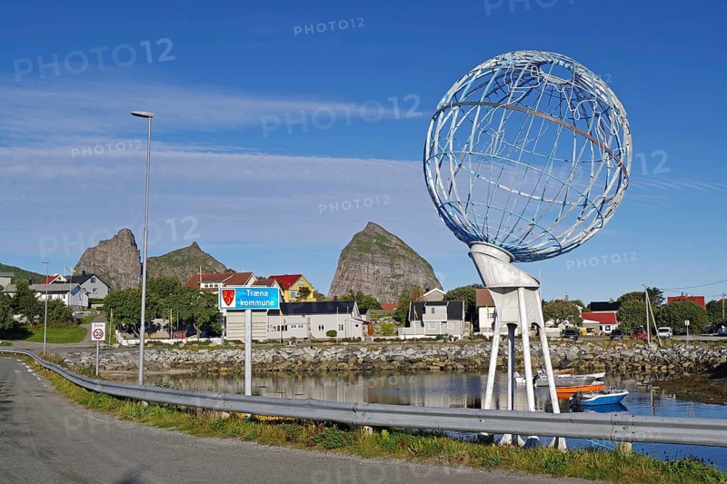Metal globe, Small harbour village, Steep mountains, Traena, Island, Helgeland, FV 17, Nordland, Norway, Europe