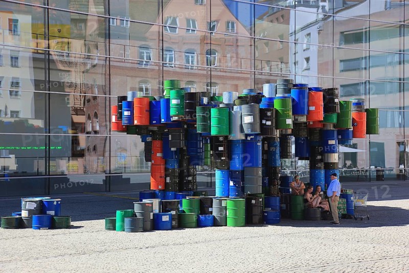 In the historic centre of Nuremberg, art with barrels in front of the Neues Museum Nuremberg, State Museum of Art and Design, Middle Franconia, Bavaria, Germany, Europe