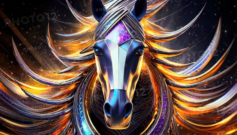 Horse, portrait as mystical mythical creature in metallic 3D optics, fantasy world, art object, AI generated, AI generated