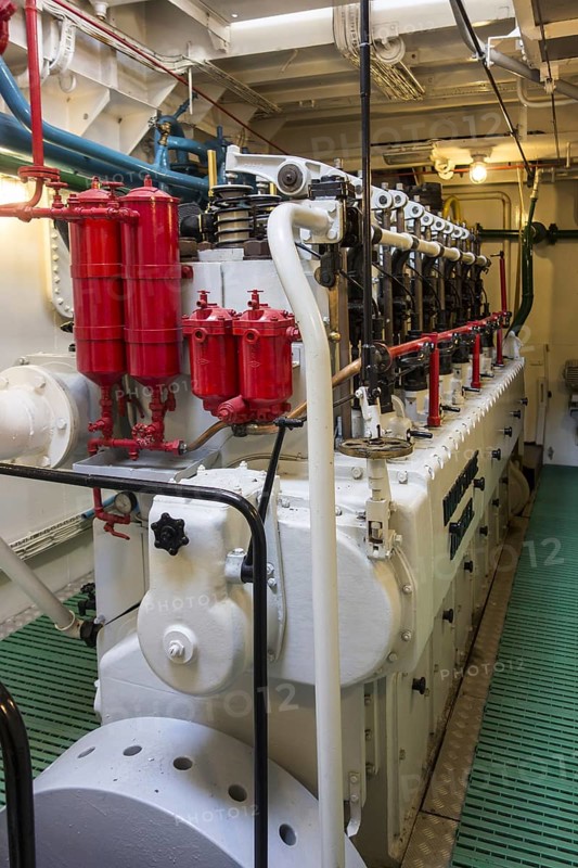 6-cylinder 510 hp engine in engine room of the last Iceland trawler Amandine, renovated fishing boat now serves as museum in Ostend, Belgium, Europe