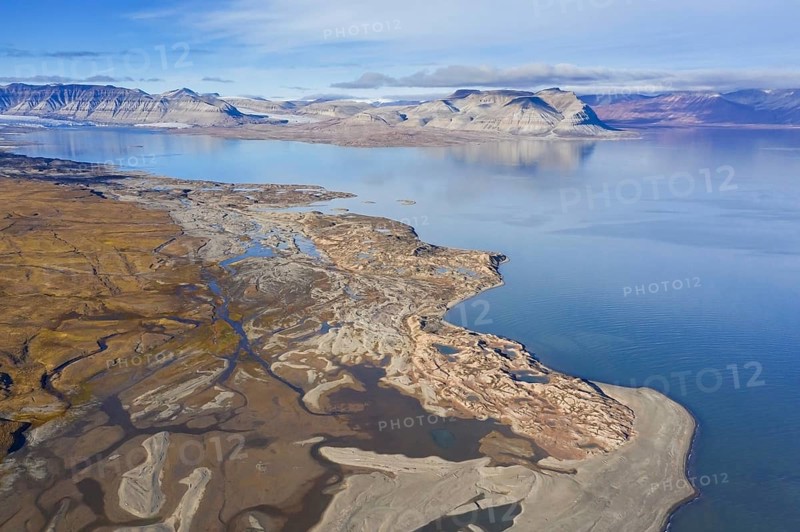 Aerial view over Ekmanfjorden, fjord in the Nordre Isfjorden National Park in summer, Nordfjorden, Spitsbergen, Norway, Europe