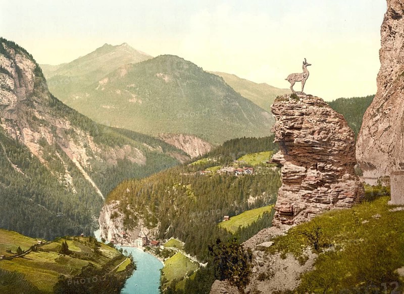 Finstermünz, Straße nach Gams, Tirol, ehemals Österreich-Ungarn, heute Österreich, ca. 1890, Historic, digitally restored reproduction from a 19th century original, road showing Chamois, Tyrol, former Austro-Hungary, today Austria, 1890, Historic, digitally restored reproduction from a 19th century original
