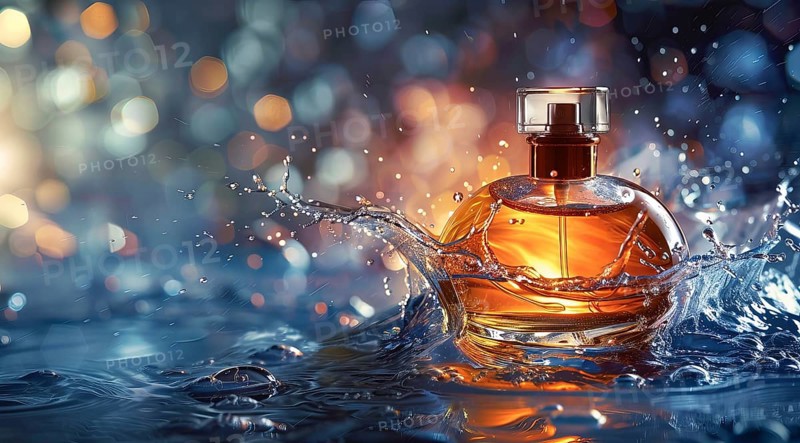 Bottle of expensive luxury perfume in splashes of water. Present for fathers or mothers day, AI generated