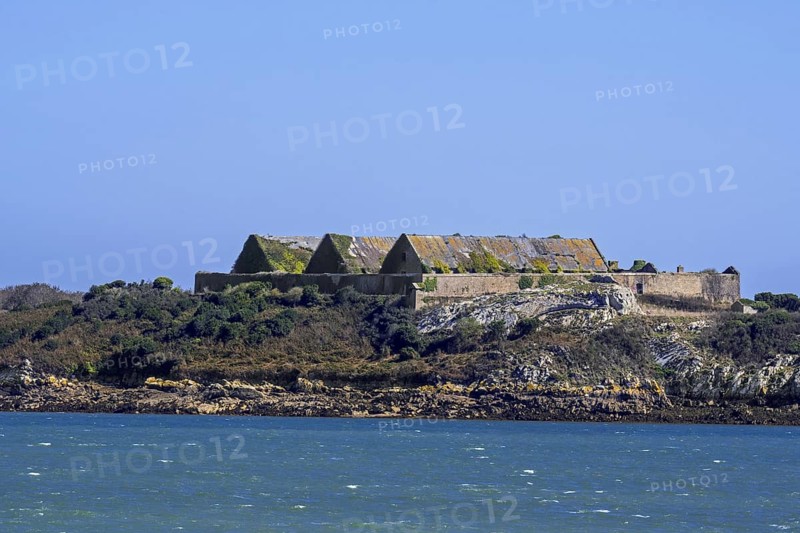 19th century gunpowder magazines on the Île des Morts, Island of the Dead in the Bay of Roscanvel, Finistère, Brittany, France, Europe