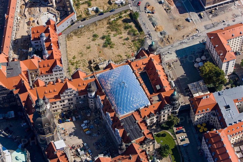 Aerial view of Dresden Old Town Royal Palace, large and small courtyard