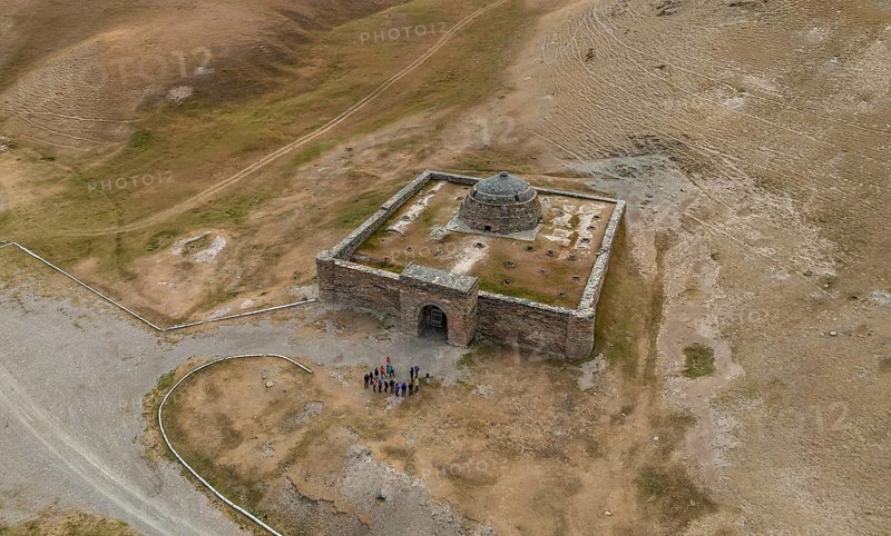Aerial view, caravanserai of Tash Rabat from the 15th century, Naryn region, Kyrgyzstan, Asia