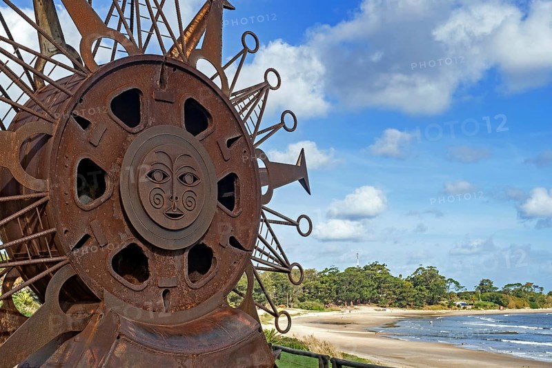 Sun sculpture by Agó Paez Vilaró on the beach at Atlántida, seaside resort town along the Costa de Oro in Canelones Department, Uruguay, South America