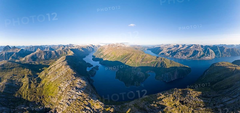 View from Seiskallåfjellet into Nordfjorden and Melfjorden, Svartisen Glacier in the background, Saltfjellet Svartisen National Park, Helgeland Coast, Rødøy, Nordland, Norway, Europe