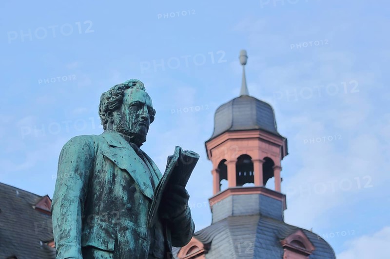 Jesuit Square with monument to physician Johannes Müller 1801-1858 and spire of the Jesuit Church, detail, Old Town, Koblenz, Rhineland-Palatinate, Upper Middle Rhine Valley, Germany, Europe