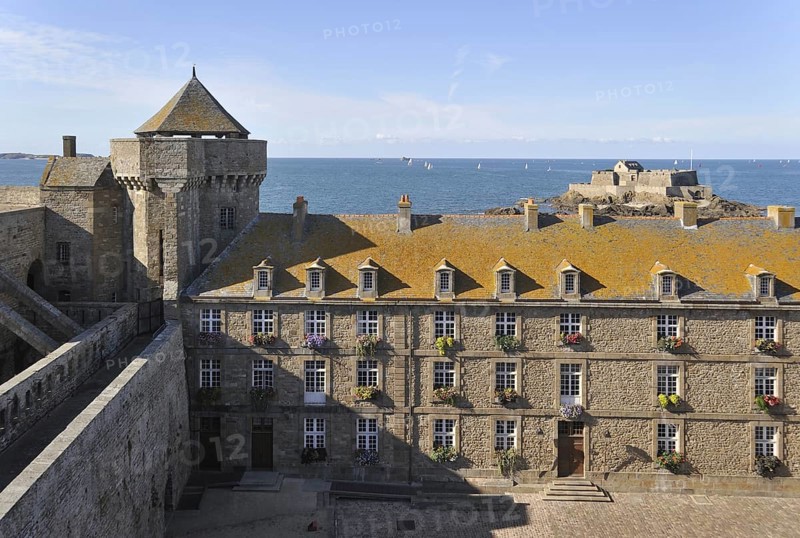 Historic building and view from rampart over Fort National at Saint-Malo, Brittany, France, Europe