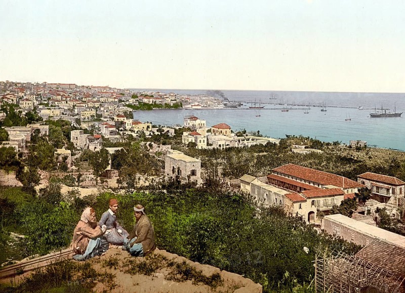 Town and harbour from St. Dimila, Beyrout, Beirut, Holy Land, Lebanon, c. 1890, Historic, digitally restored reproduction from a 19th century original, Town and harbor from St. Dimila, Holy Land, Lebanon, 1890, Historic, digitally restored reproduction from a 19th century original, Asia