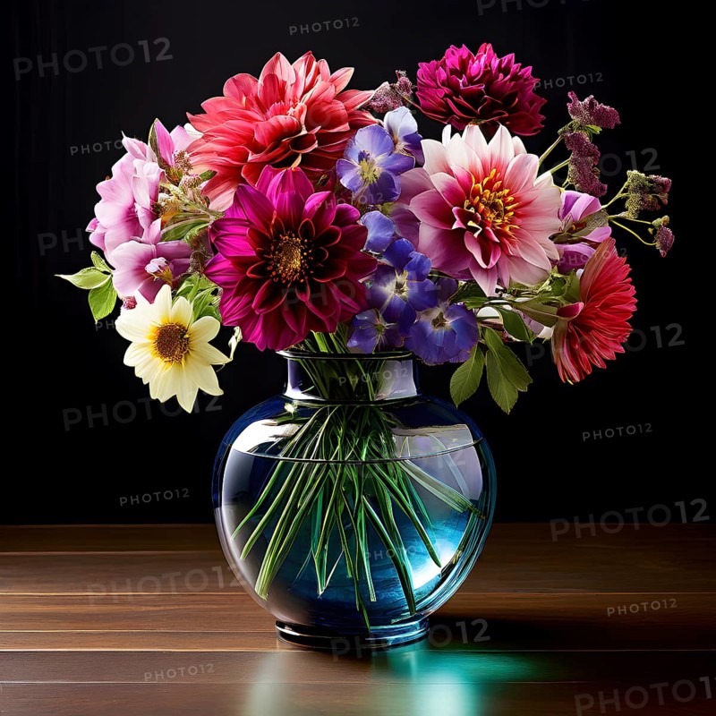 Transparent crystal glass vase with vibrant blooming flowers, AI generated