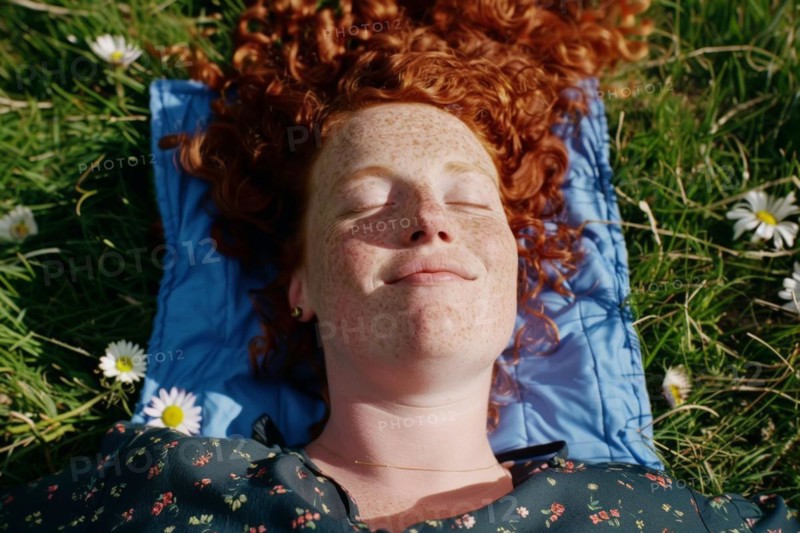 Teenager, young fair-skinned woman with red hair and freckles lying on a spring meadow and basking in the first spring sun, health risk, possible late effects, risk of skin cancer due to intense UV radiation that can cause sunburn, AI generated, AI generated, AI generated