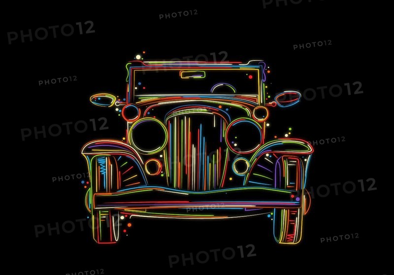 Vintage car, front view. Hand drawn vector illustration in colors