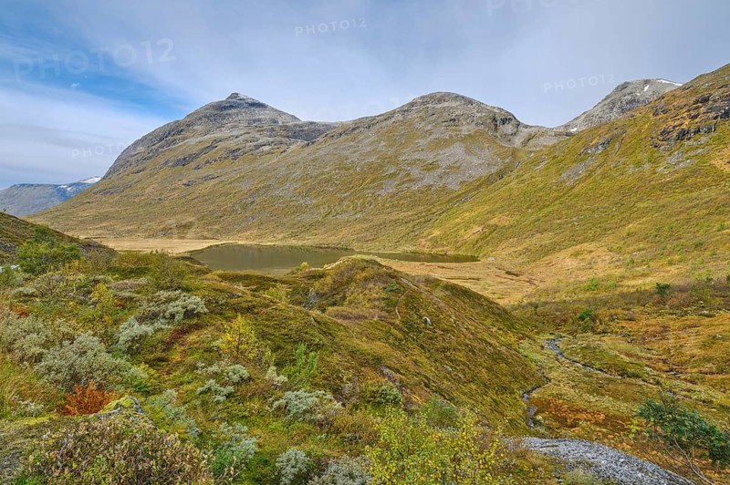 View of the Valldalen valley, Reinheimen National Park, lake and mountain, Møre og Romsdal, Norway, Europe
