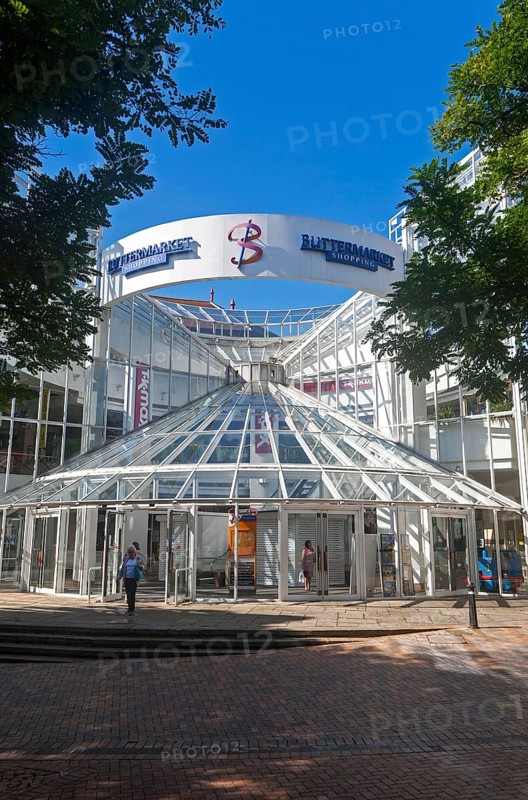 Modern glass and steel architecture of the Buttermarket shopping centre in the town centre of Ipswich, Suffolk, England, United Kingdom, Europe