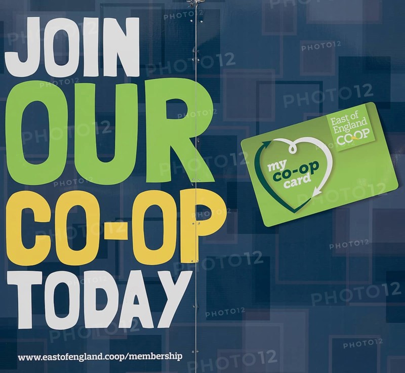 Join Our Co-Op Today, East of England Co-operative Society shop advertising boards hoardings, Woodbridge, Suffolk, UK