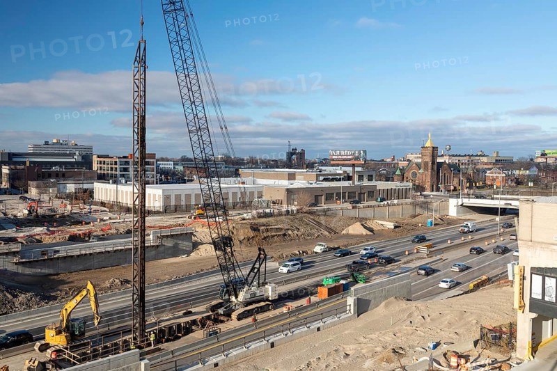 Detroit, Michigan, Workers build the center supports for the Cass Avenue bridge over Interstate 94
