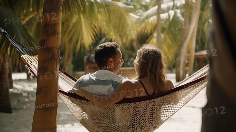 Two young adults enjoy the hammock together on the beach during their vacation, generatvie AI, AI generated