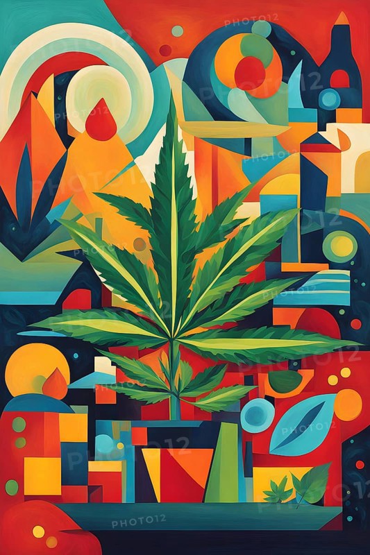 Abstract composition of a cannabis cafe with ambiance bold contrasting colors and playful shapes, AI generated