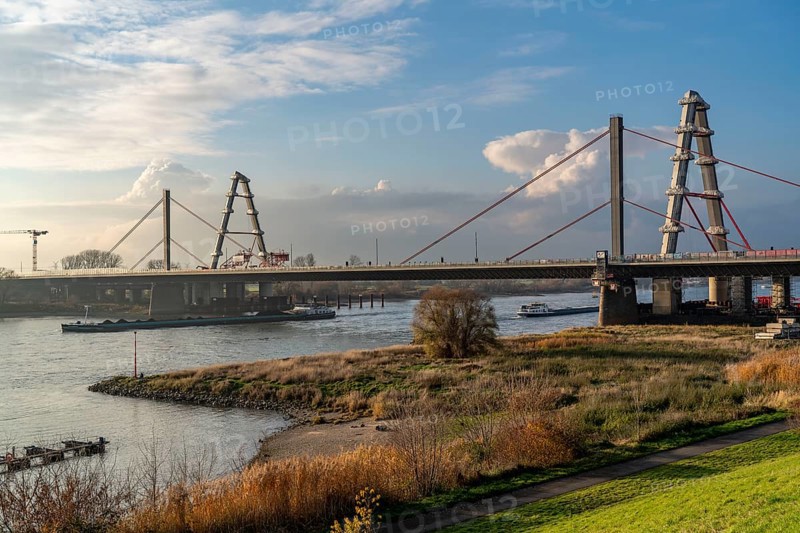 New construction of the A1 motorway bridge over the Rhine near Leverkusen, after completion of the new bridge, the old one will be demolished and another, for a total of 8 lanes, will be rebuilt at the same location, Leverkusen, North Rhine-Westphalia, Germany, Europe