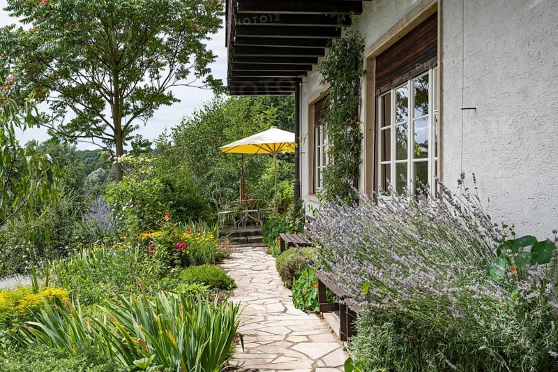 Garden terrace of the museum, Haus Dix art museum, former home and studio of the 20th century painter and graphic artist, Hemmenhofen, Höri peninsula, Lake Constance, district of Constance Baden-Württemberg, Germany, Europe