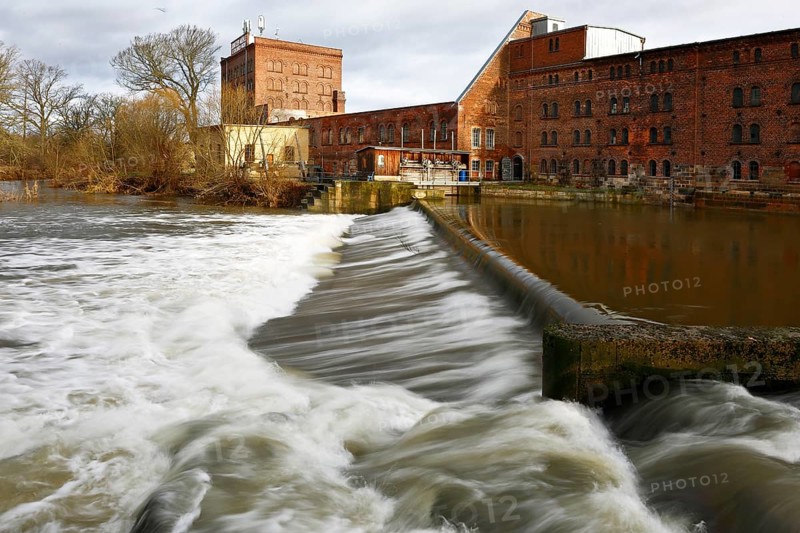 Overflowed weir of the Jonitzer Mulde near Dessau, historic watermill, Jonitzer Mühle, Middle Elbe Biosphere Reserve, Dessau-Roßlau, Saxony-Anhalt, Germany, Europe