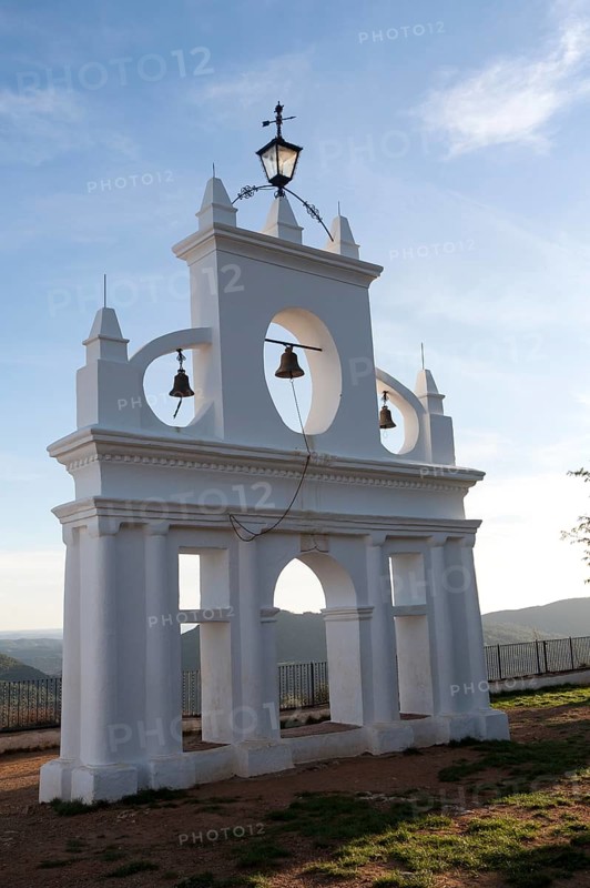 Bell gable tower structure, Peña de Arias Montano, Alájar, Sierra de Aracena, Huelva province, Spain, Europe