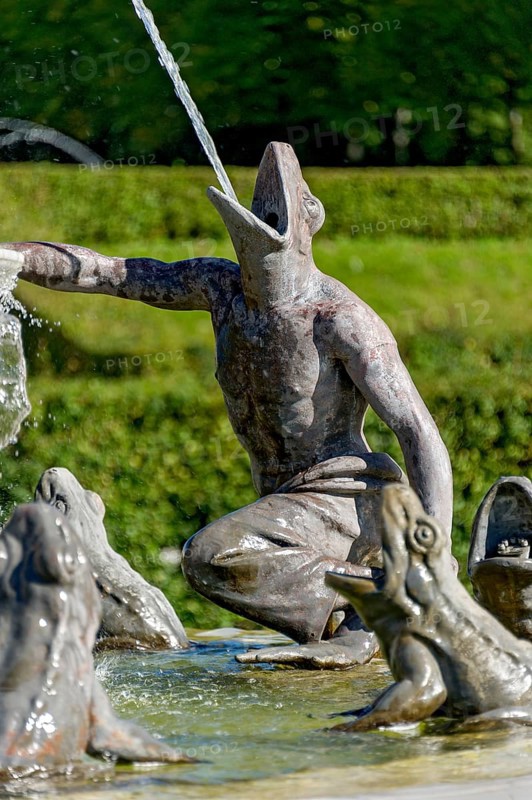 Farmer in transformation from human to frog, hybrid creature, figure, gargoyle at Latona Fountain, Latona Fountain, fountain, fountain, castle park, Herrenchiemsee Castle, Herreninsel, Chiemsee, Chiemgau, Upper Bavaria, Bavaria, Germany, Europe