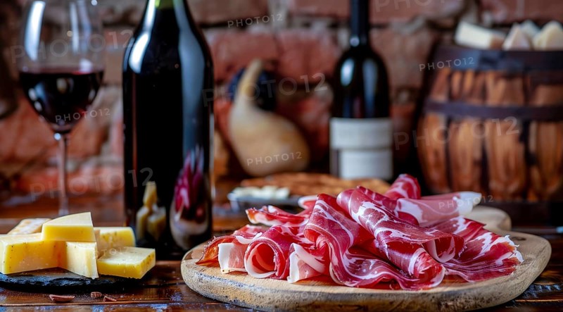 Wine, cured and smoked ham. Hamon iberico and prosciutto on a cutting board, AI generated