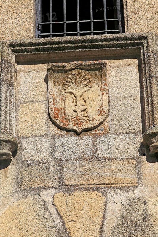 Pizarro family heraldic shield house museum medieval town of Trujillo, Caceres province, Extremadura, Spain, Europe