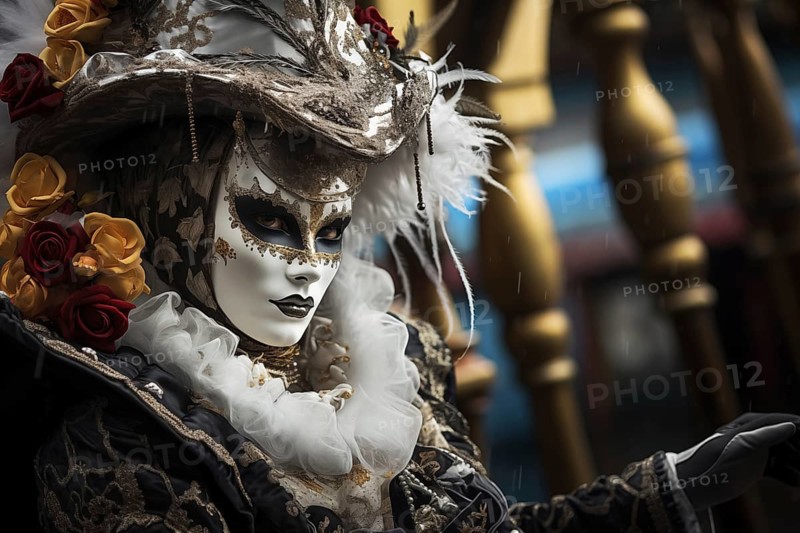 A person adorned in a richly detailed mask and costume, capturing the essence of the Venice Carnival's grandeur and mystery, AI generated