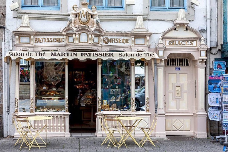 Place des Otages, shop window of an old patisserie confectionery, Morlaix Montroulez, Finistere Penn Ar Bed department, Brittany Breizh region, France, Europe