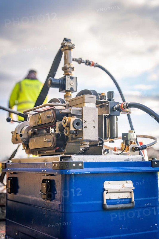 A close-up of a hydraulic gripper arm system in use, glass fibre construction, Nagold, Black Forest, Germany, Europe