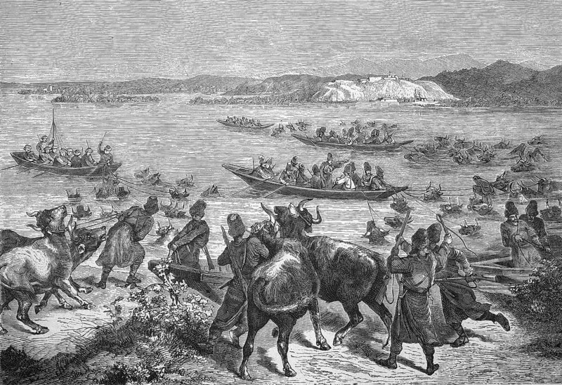 Circassians and Bashi-Bozuks bring stolen cattle from Romania across the Danube to the Turkish shore. Circassians or Circassians are a Caucasian people, The Basii Bozuk, Bashi-Bosuks, were irregular troops of the Ottoman Empire, Historical, digitally restored reproduction from a 19th century original, Record date not stated