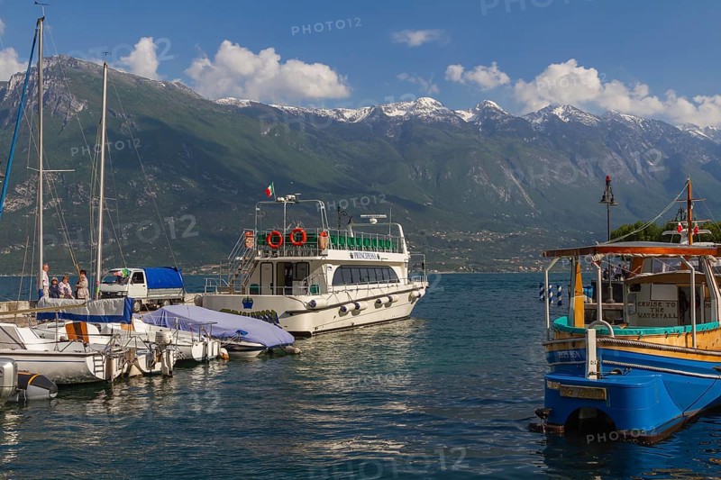 In the harbour of Limone sul Garda, Lake Garda, Lake Garda mountains, Limone sul Garda, Lombardy, Italy, Europe
