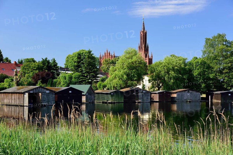 Europe, Germany, Mecklenburg-Western Pomerania, island town Malchow, view to the cultural centre Malchow Monastery, monastery complex from the 13th century with neo-Gothic church from the 19th century, Malchower See, Malchow, Mecklenburg-Western Pomerania, Germany, Europe