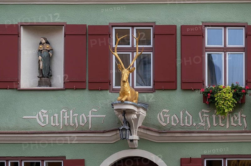 Gold-coloured stag, figure at the Goldener Deer inn, Weinmarkt 6, Dinkelsbühl, Bavaria, Germany, Europe