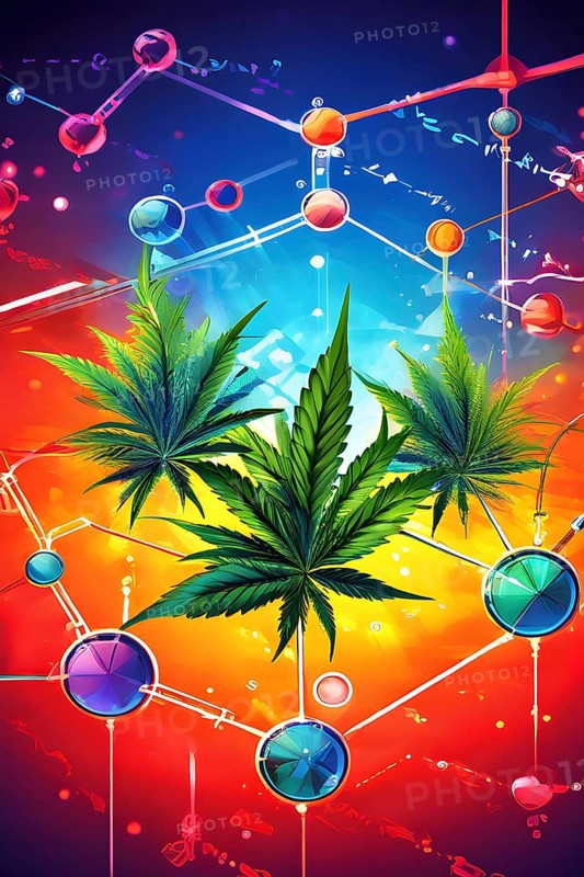 Abstract painting of chemical structure of thc and cbd interlocking geometric shapes, AI generated