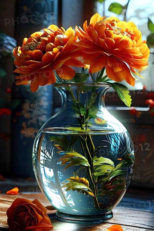 Transparent crystal glass vase with vibrant blooming flowers, AI generated