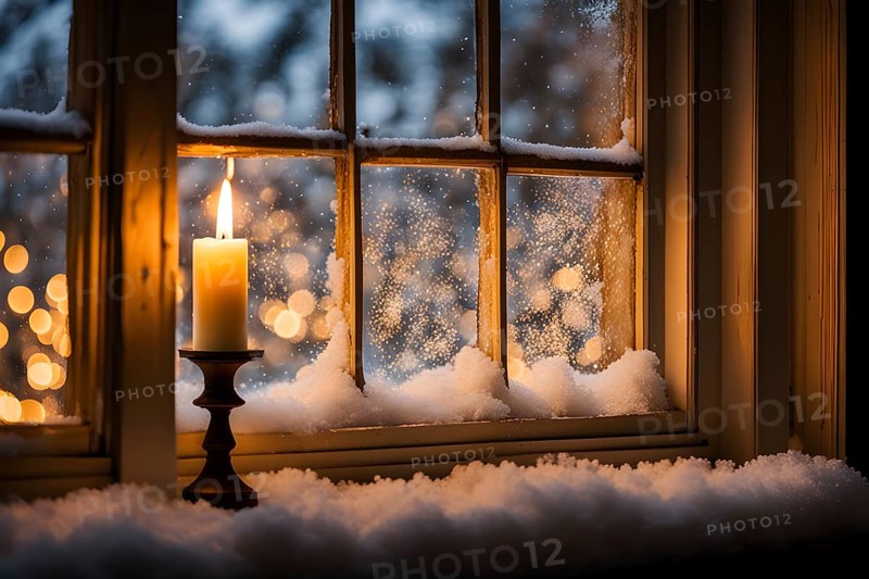Snow-covered window with frost patterns, candlelight softly glowing through the glass, and warm, blurry Christmas lights in the background, AI generated