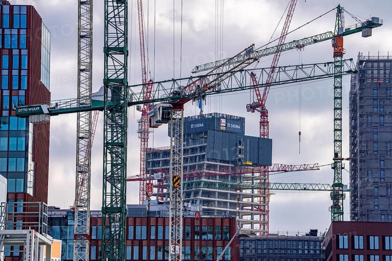 Construction sites in the east of Hafencity Hamburg, office building, new district on the Elbe, on the site of the former free harbour, residential units for 14, 000 people, 3, 000 hotel beds, 45, 000 jobs, Hamburg, Germany, to be built here by the 2030s, Europe