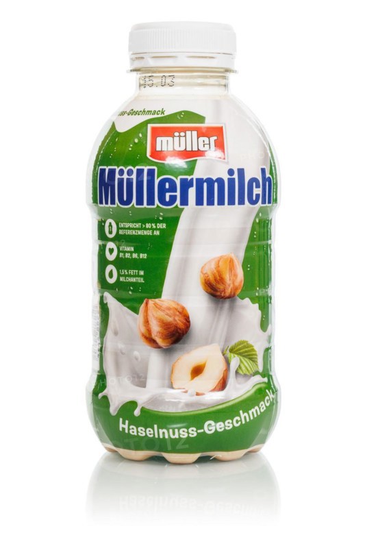 Müllermilch hazelnut flavour in the bottle of the company Theo Müller cropped in front of a white background