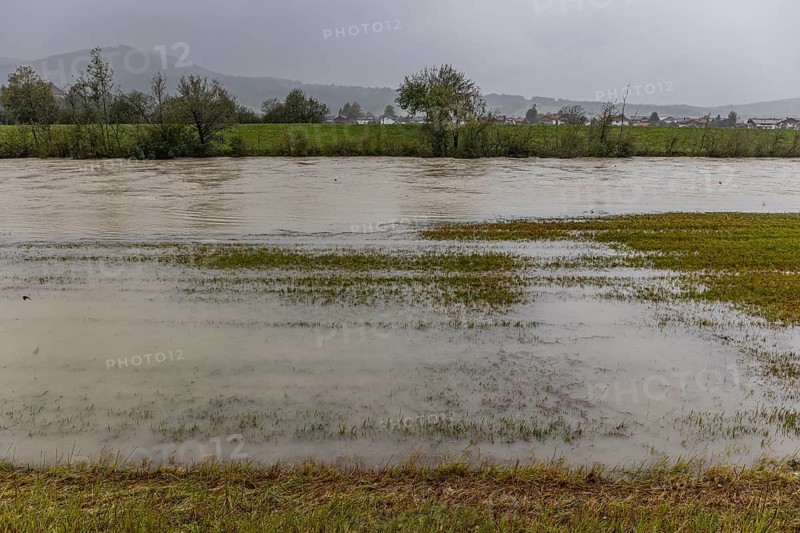 Flood on a river, storm on 26.8.23 near Benediktbeuern, Loisach near Schlehdorf, Bavaria, Germany, Europe