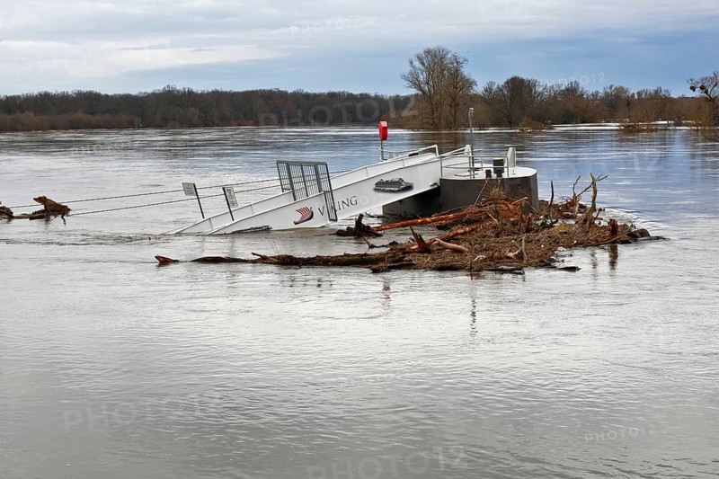 Passenger shipping jetty near Dessau-Roßlau during the Elbe flood in winter 2023, Middle Elbe Biosphere Reserve, Dessau-Roßlau, Saxony-Anhalt, Germany, Europe